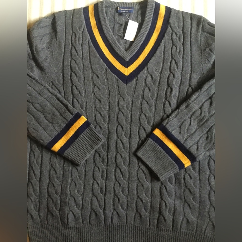 Brooks Brothers Gray V-Neck Sweater with Navy and Gold Stripes